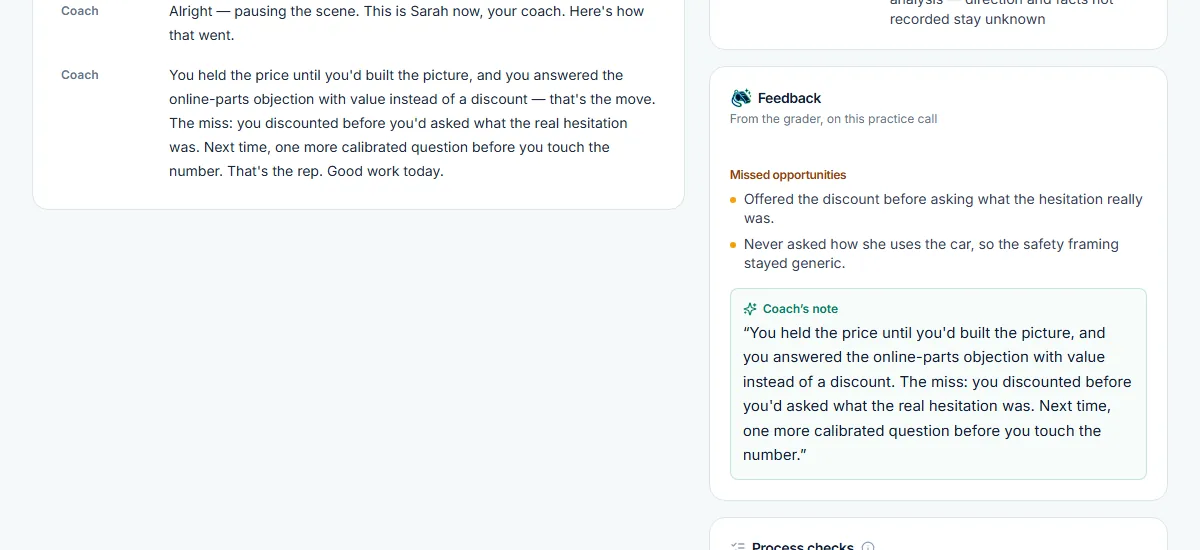 The coach's feedback after a practice call: missed opportunities and the coach's note