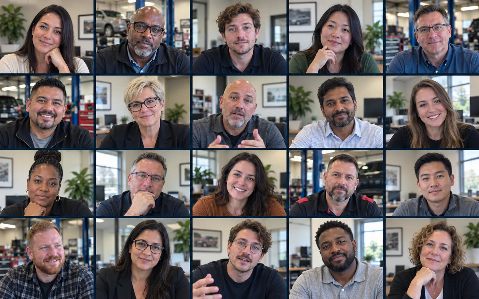 Illustrative video-call gallery of twenty fictional automotive professionals. AI-generated; not an actual Ring Ring session.