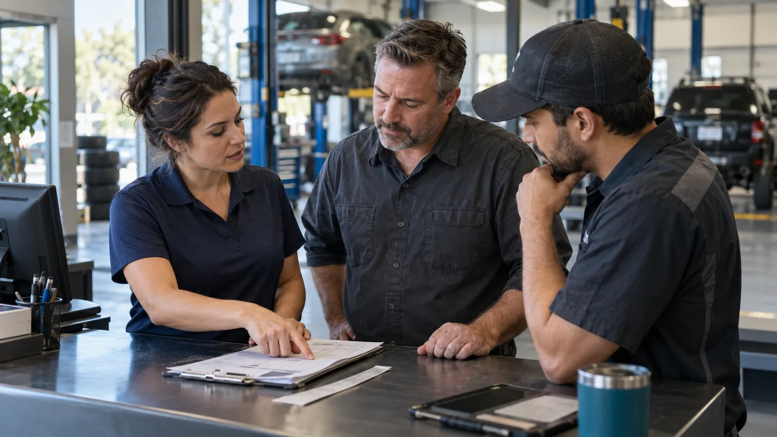 Illustrative shop team discussing a repair order at a service counter. AI-generated scene.