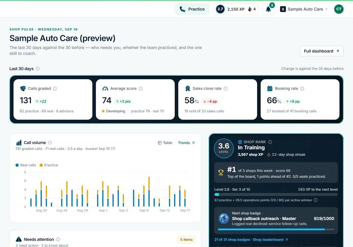 The owner's home: the last 30 days, call volume, the shop's rank and what needs attention