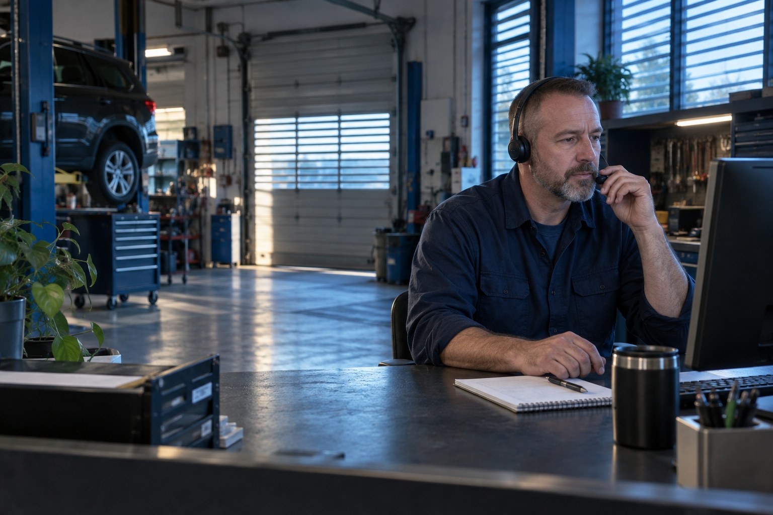 Illustrative advisor practicing a headset conversation before the shop opens